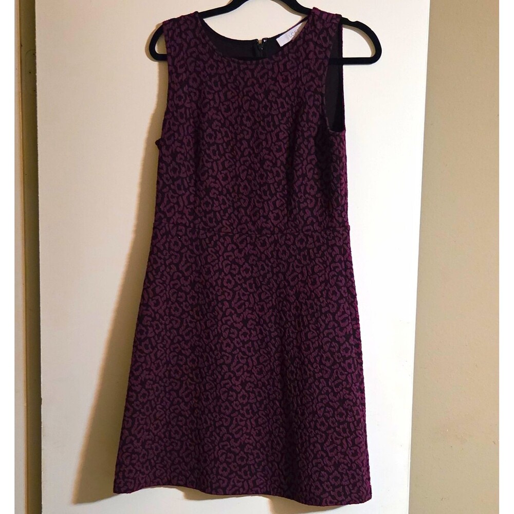 LOFT Purple/Black Leopard Animal Print A-Line Knee Dress Round Neck Zip 6